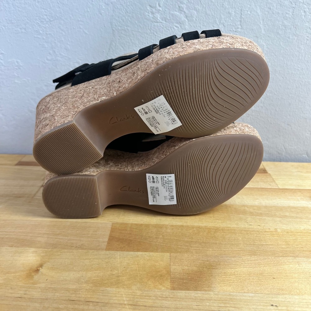 Clarks Wedges Giselle‎ Black Suede Strappy Cork Platform Sandals Size 6.5 - Picture 9 of 13